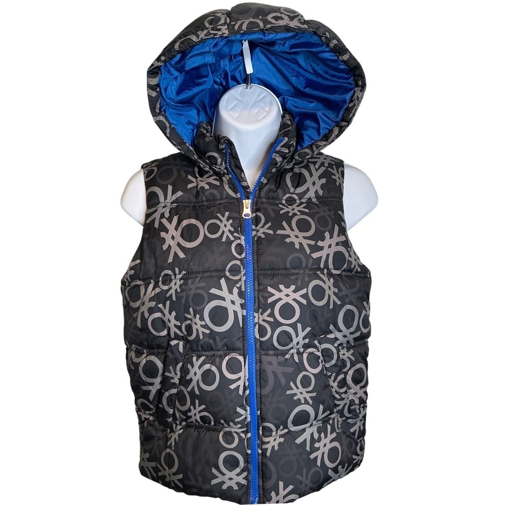 VTG UNITED COLORS OF BENETTON Black Gray Logo Girls Hooded Puffer Vest Sz M Euro